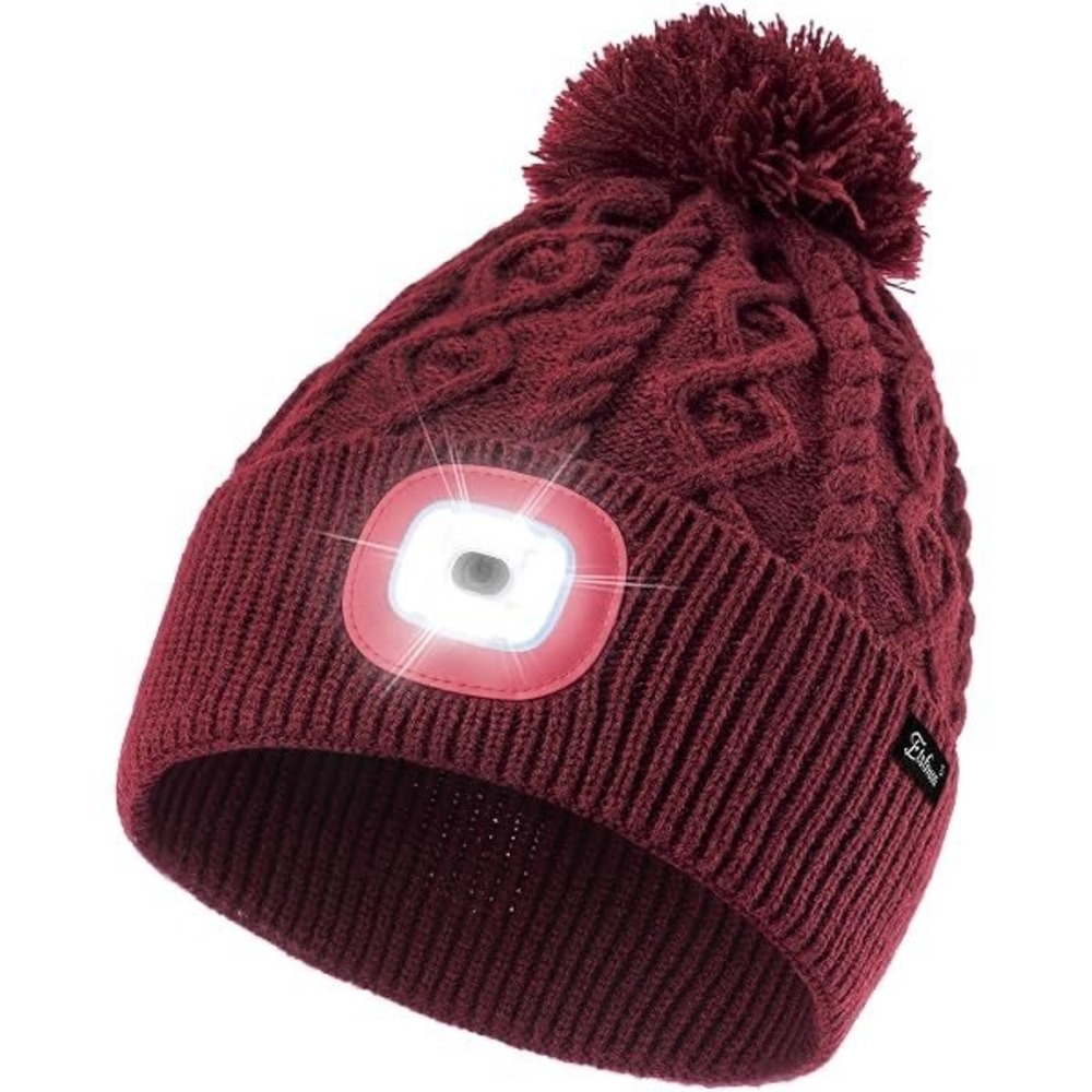Etsfmoa LED Beanie Hat with Light Rechargeable Cable Knit Beanie Burgundy